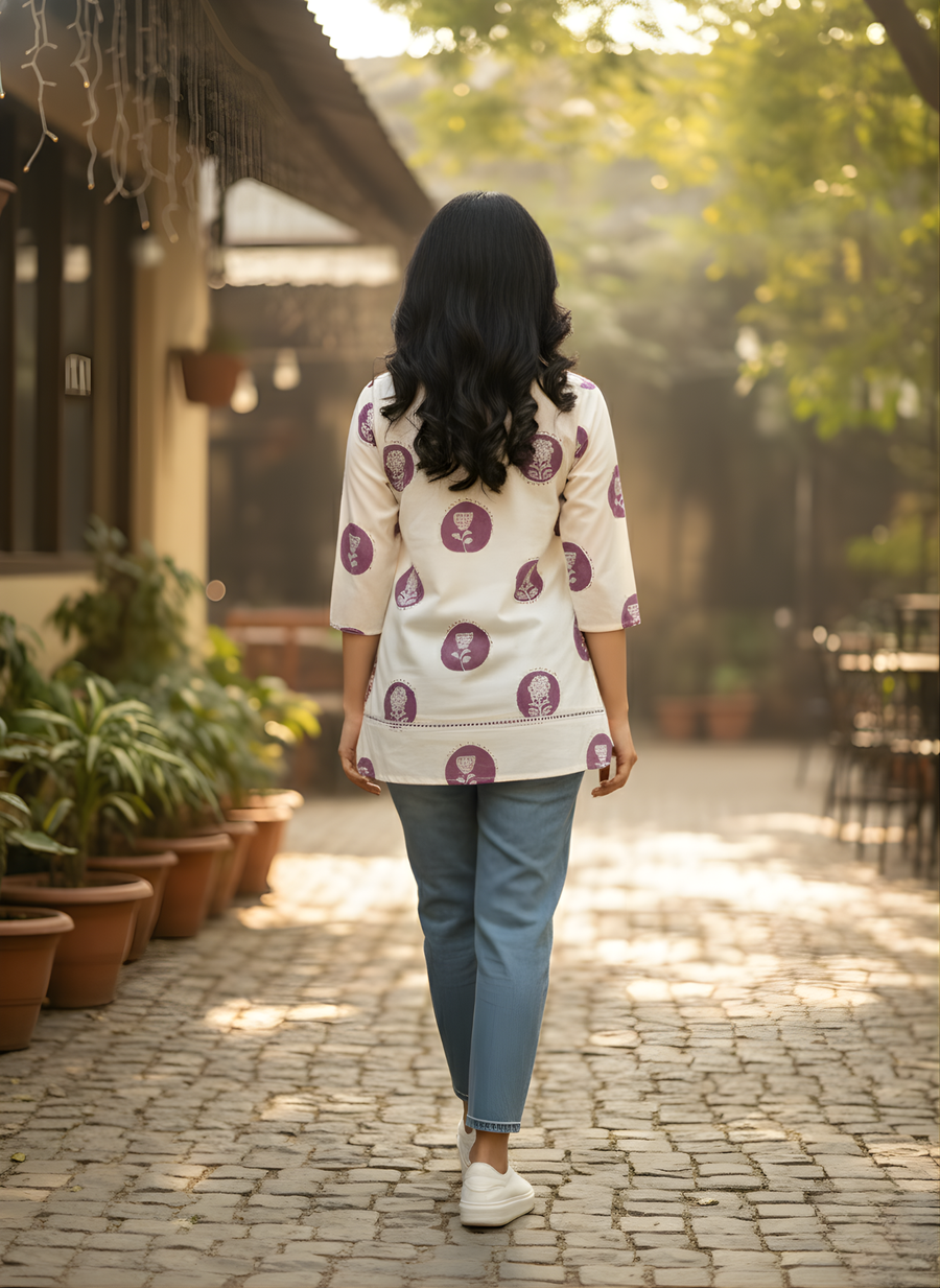 Aaronee casual cotton top with purple motifs