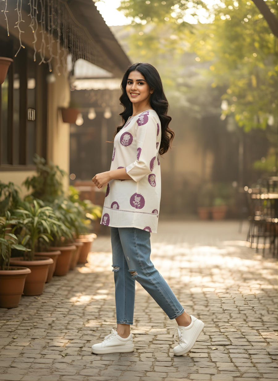 Stylish V-neck printed cotton top for ladies