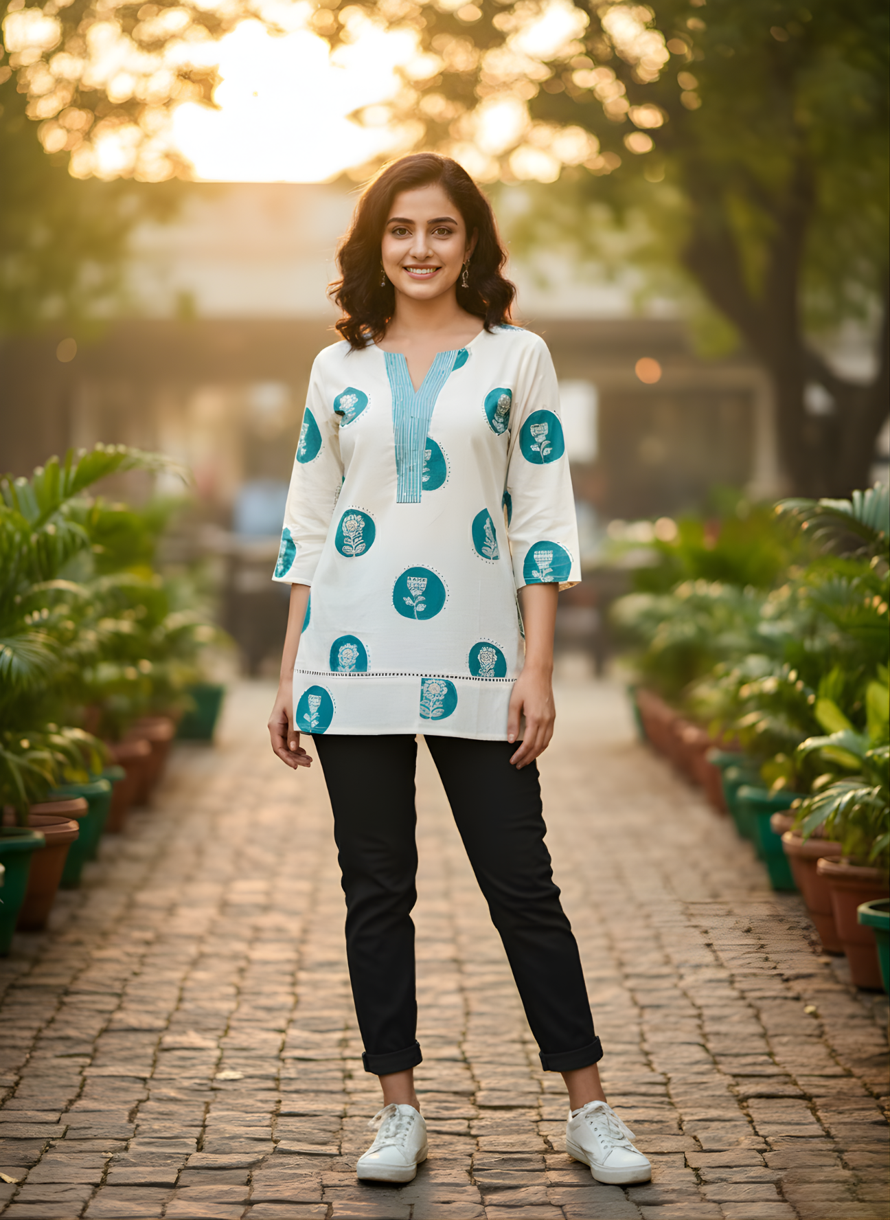 Blue printed cotton top for women by Aaronee