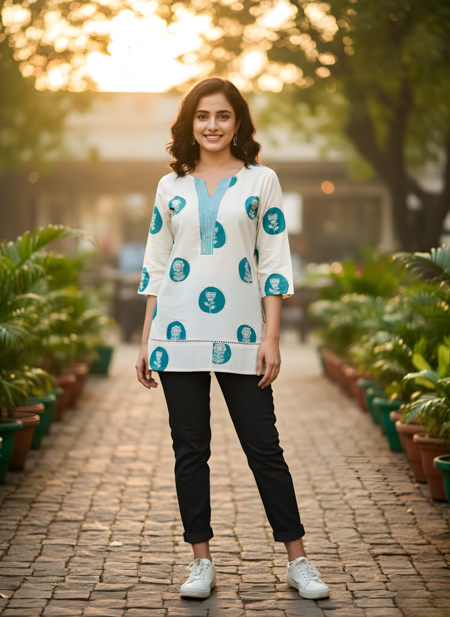 Blue printed cotton top for women by Aaronee