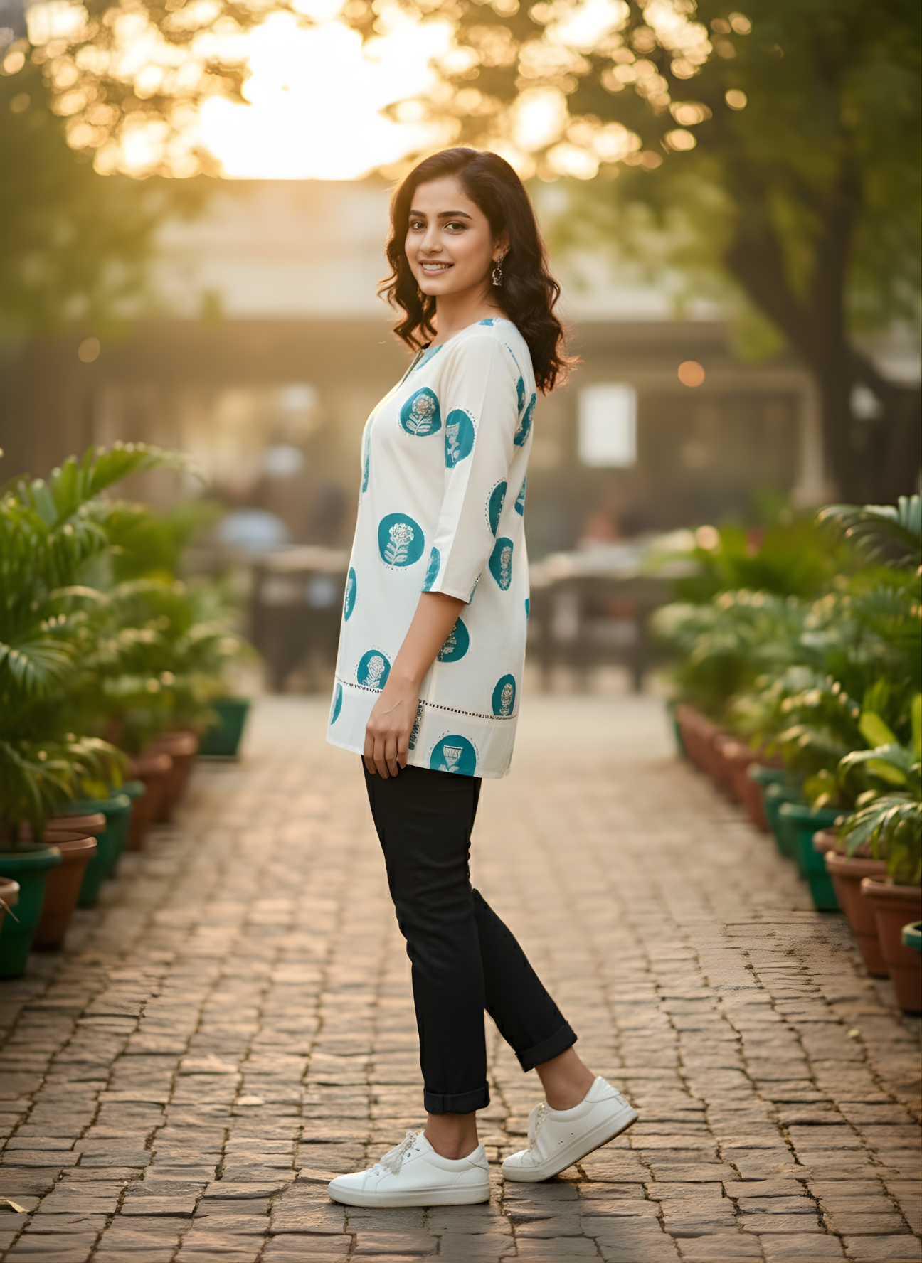 Elegant cream and blue cotton top Jaipur style