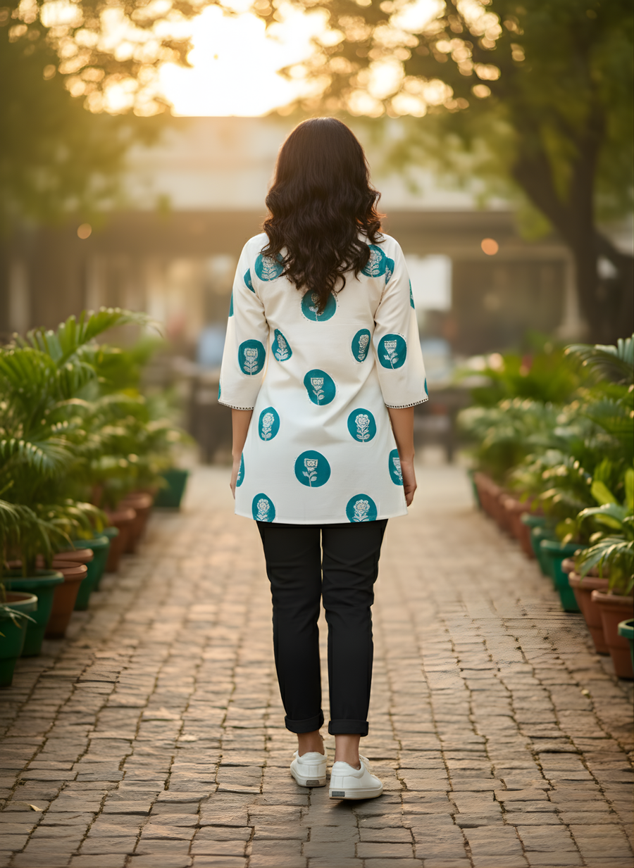 Aaronee casual cotton top with blue motifs