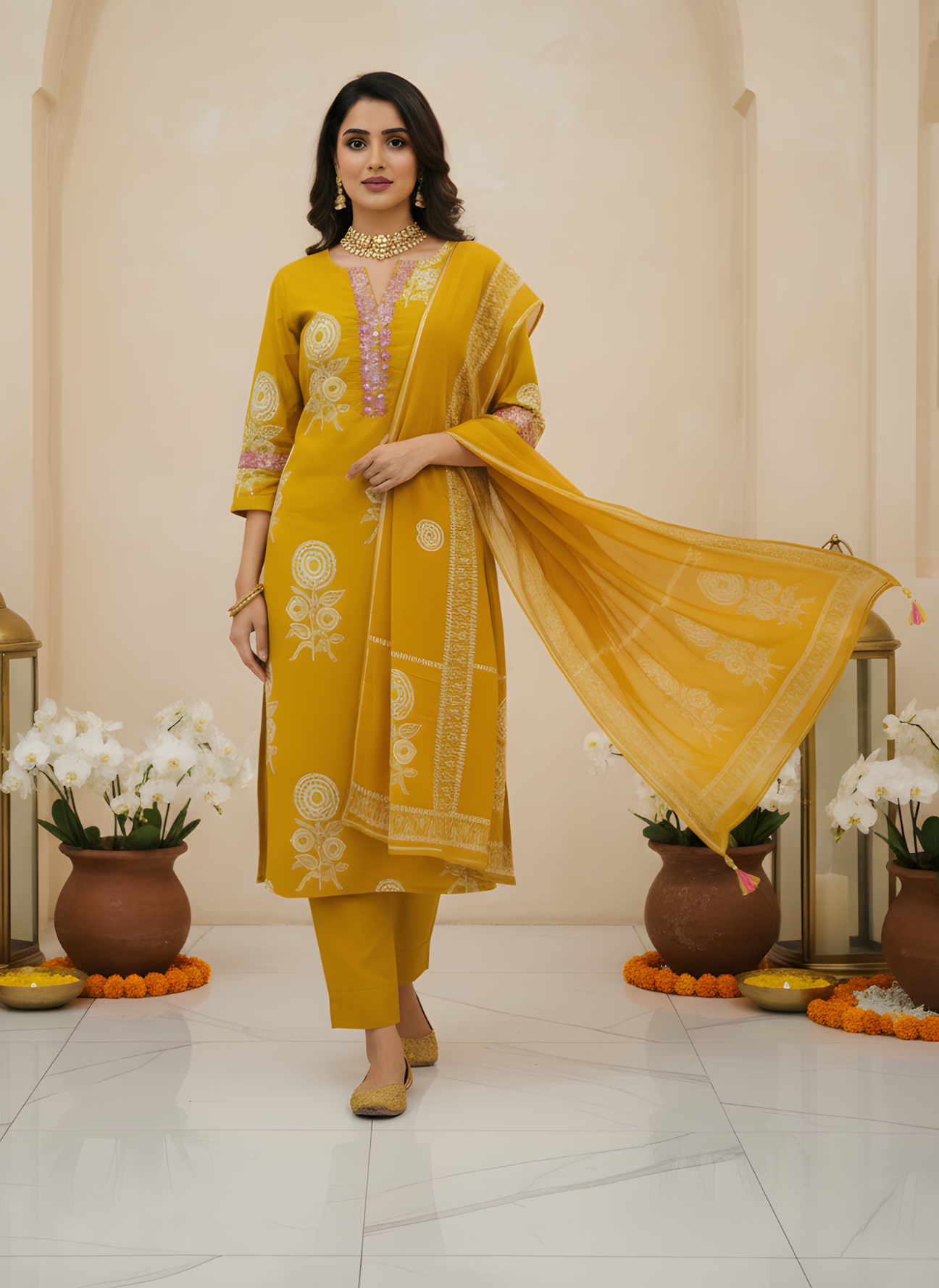 Aaronee Mustard Yellow Embroidered Cotton Kurta Dupatta Set