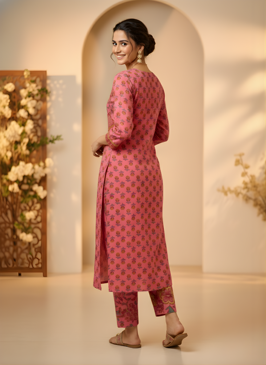 Elegant Pink Cotton Kurti Pant Set for Women