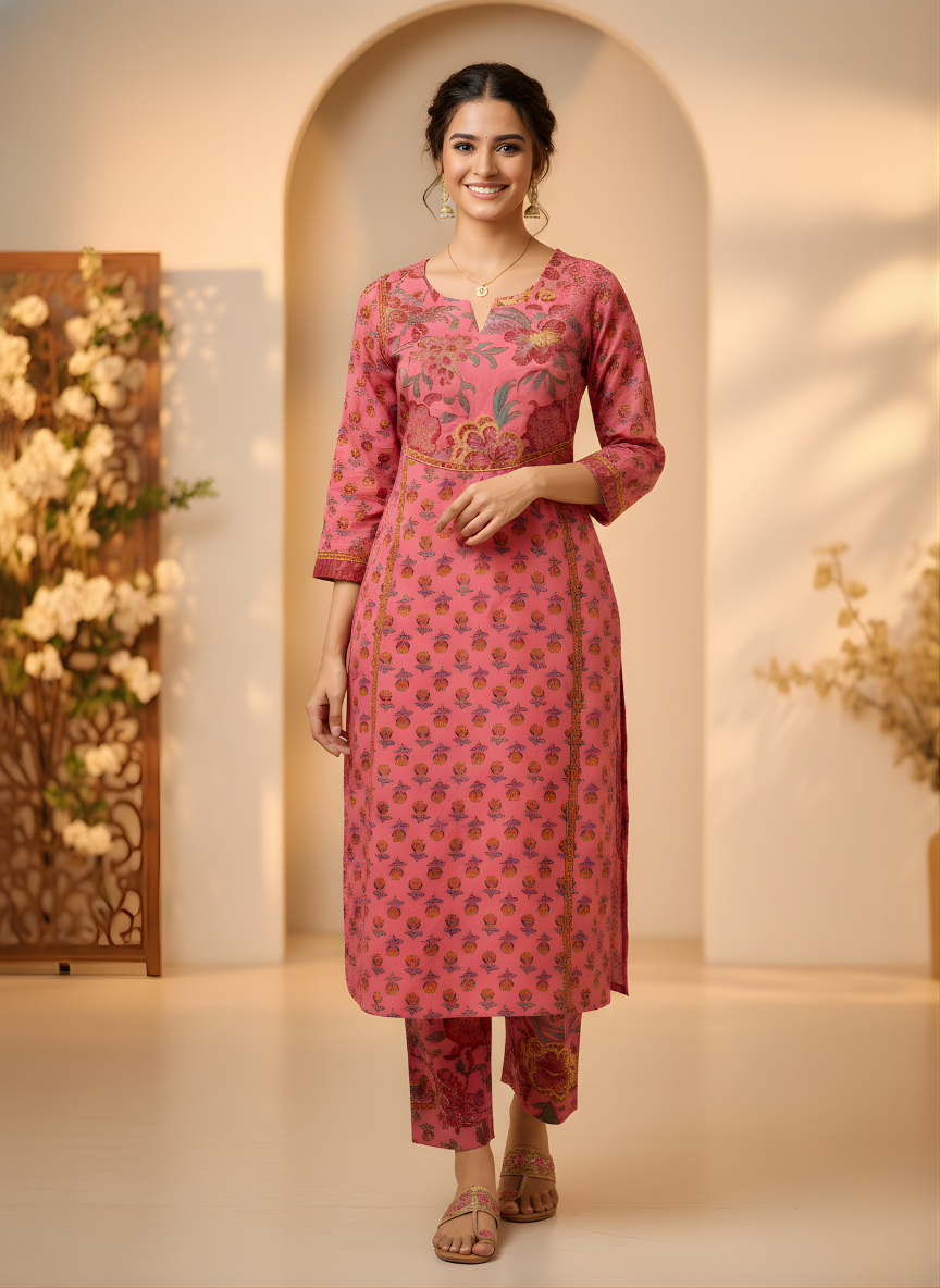 Aaronee Pink Floral Printed Pure Cotton Kurta Set