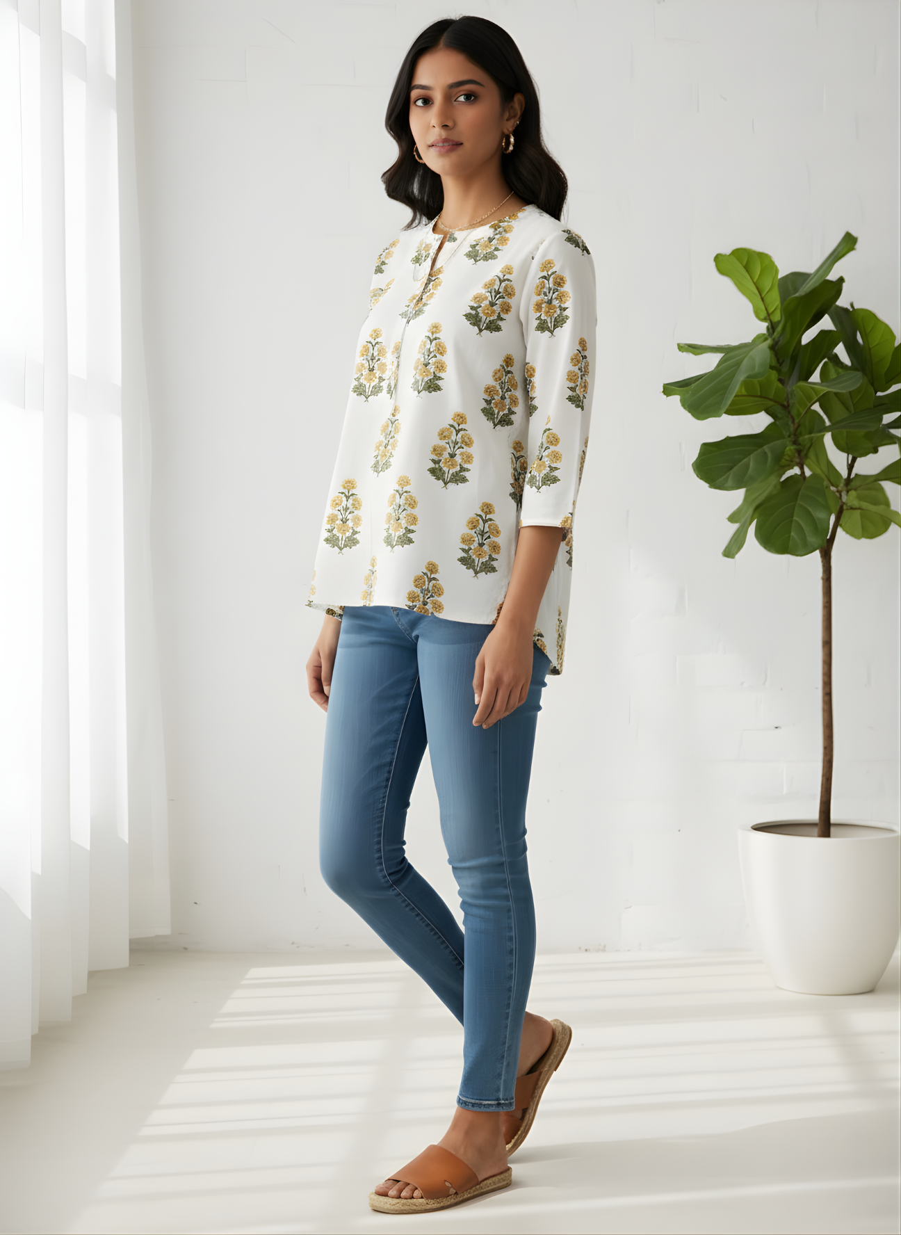 Yellow floral printed cotton top for women by Aaronee