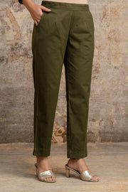 Aaronee Cotton Olive Green Straight Pant