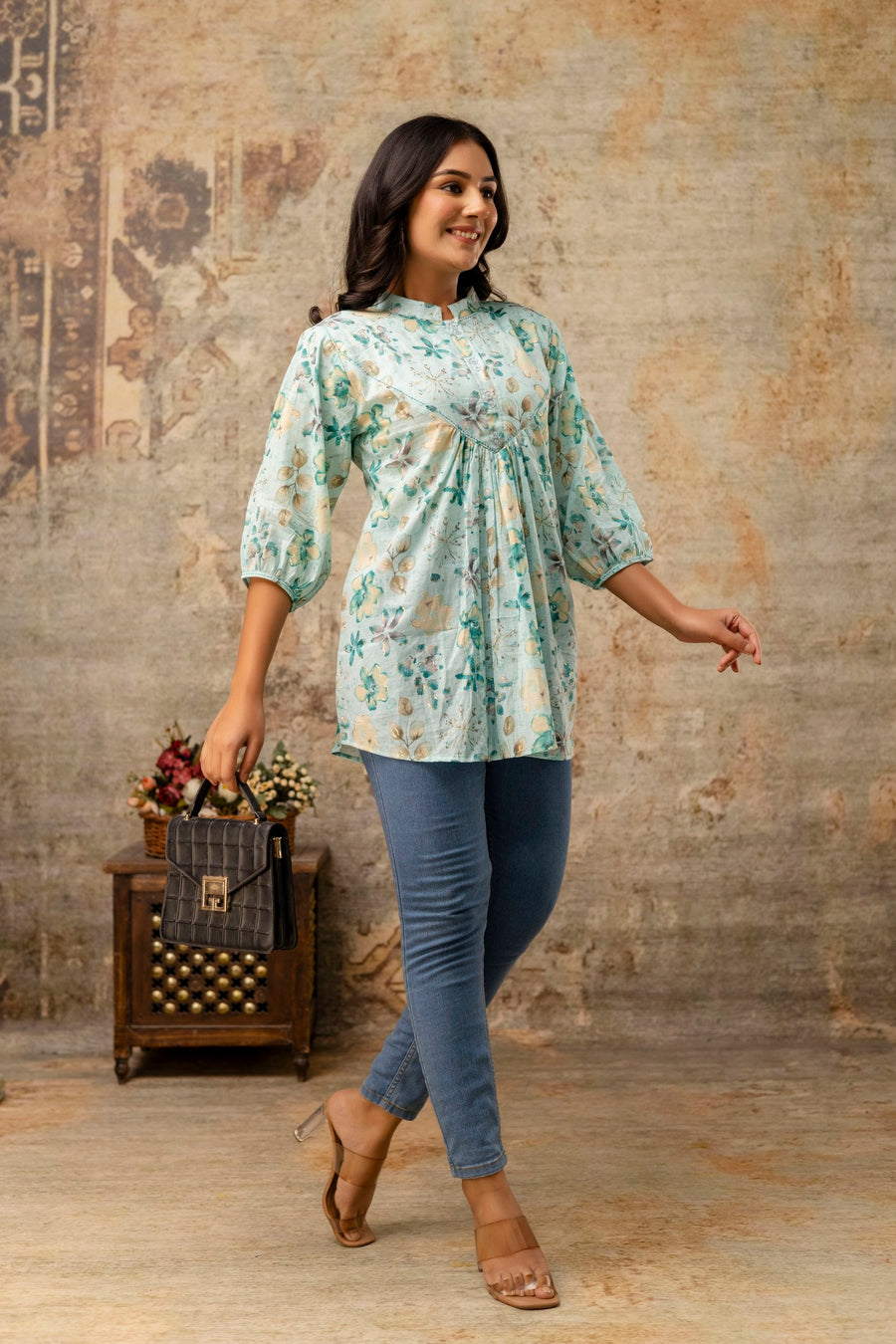 Mint green floral short top in pure cotton by Aaronee