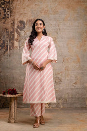 Blush pink striped kurta set front view