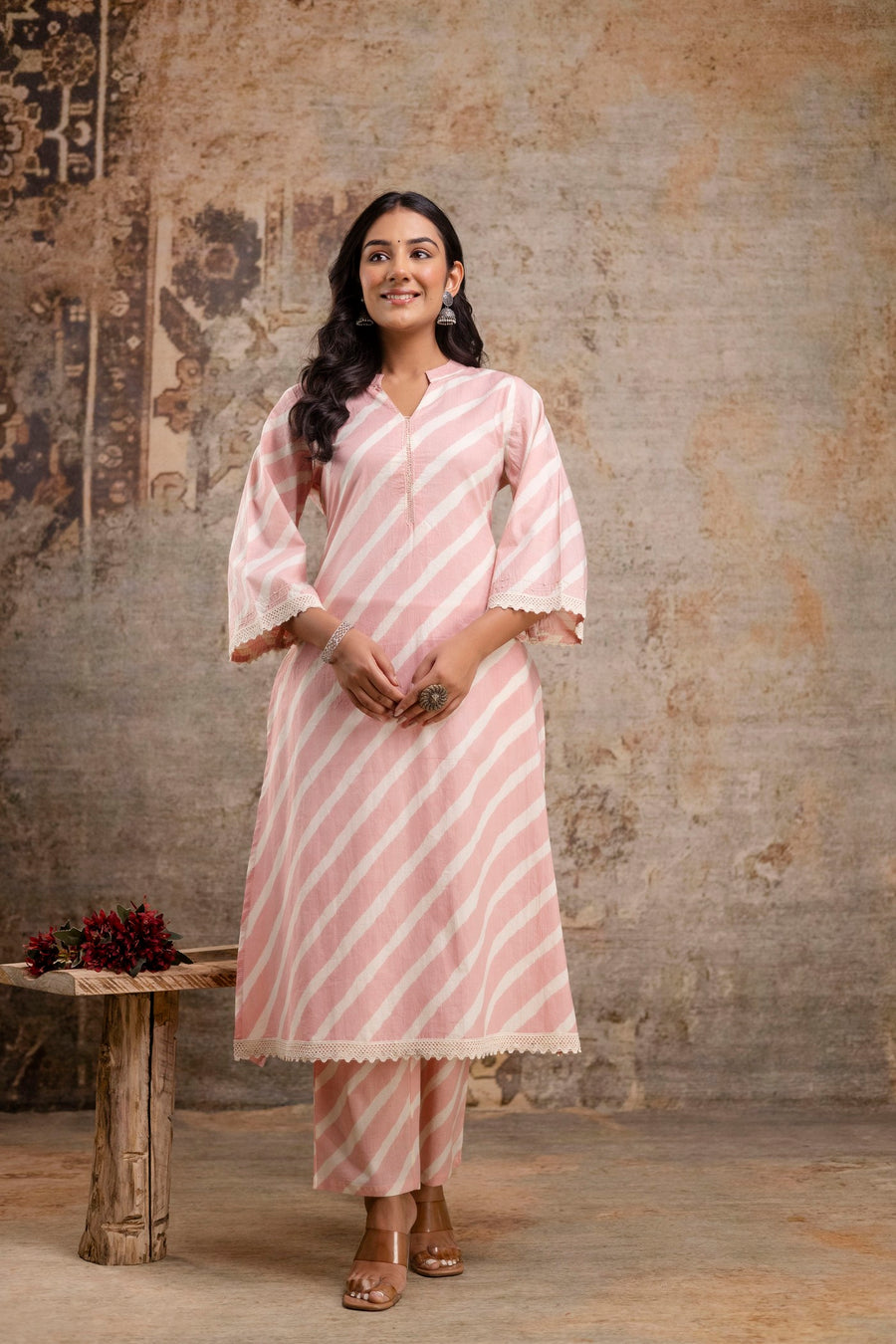 Blush pink striped kurta set front view