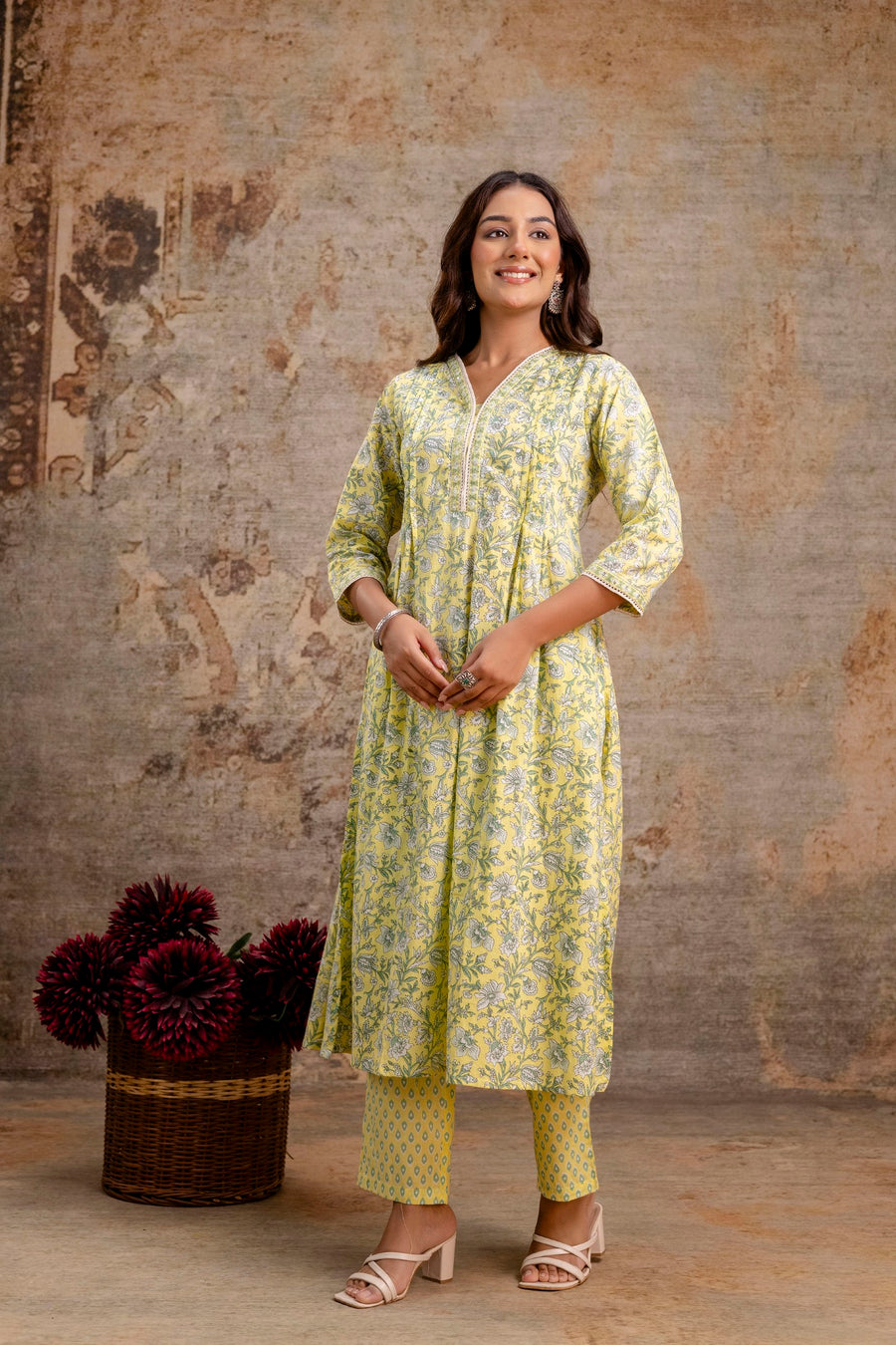 Closeup of yellow floral A-line kurta