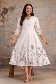 Comfortable grey cotton ethnic midi dress