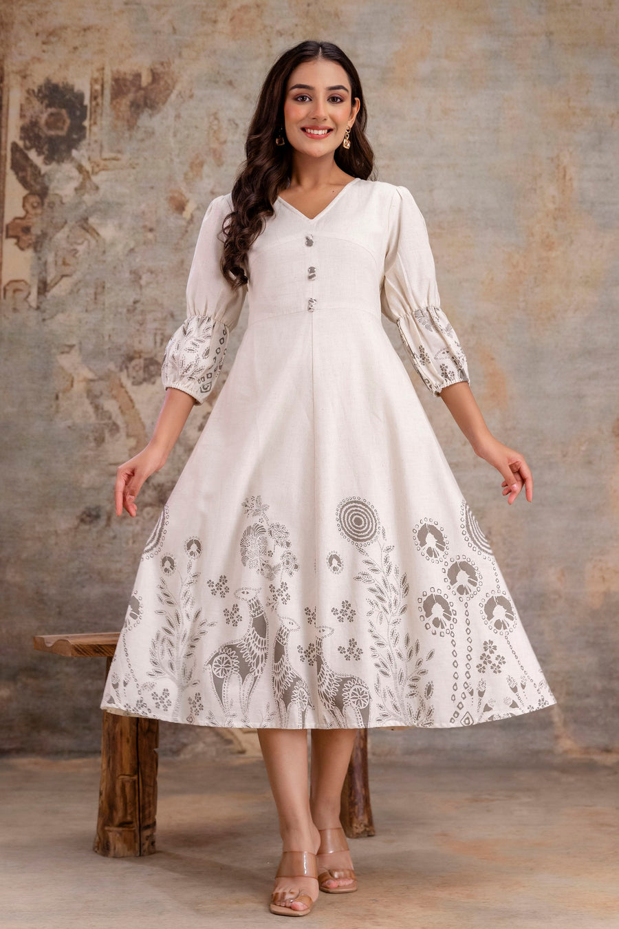 Comfortable grey cotton ethnic midi dress