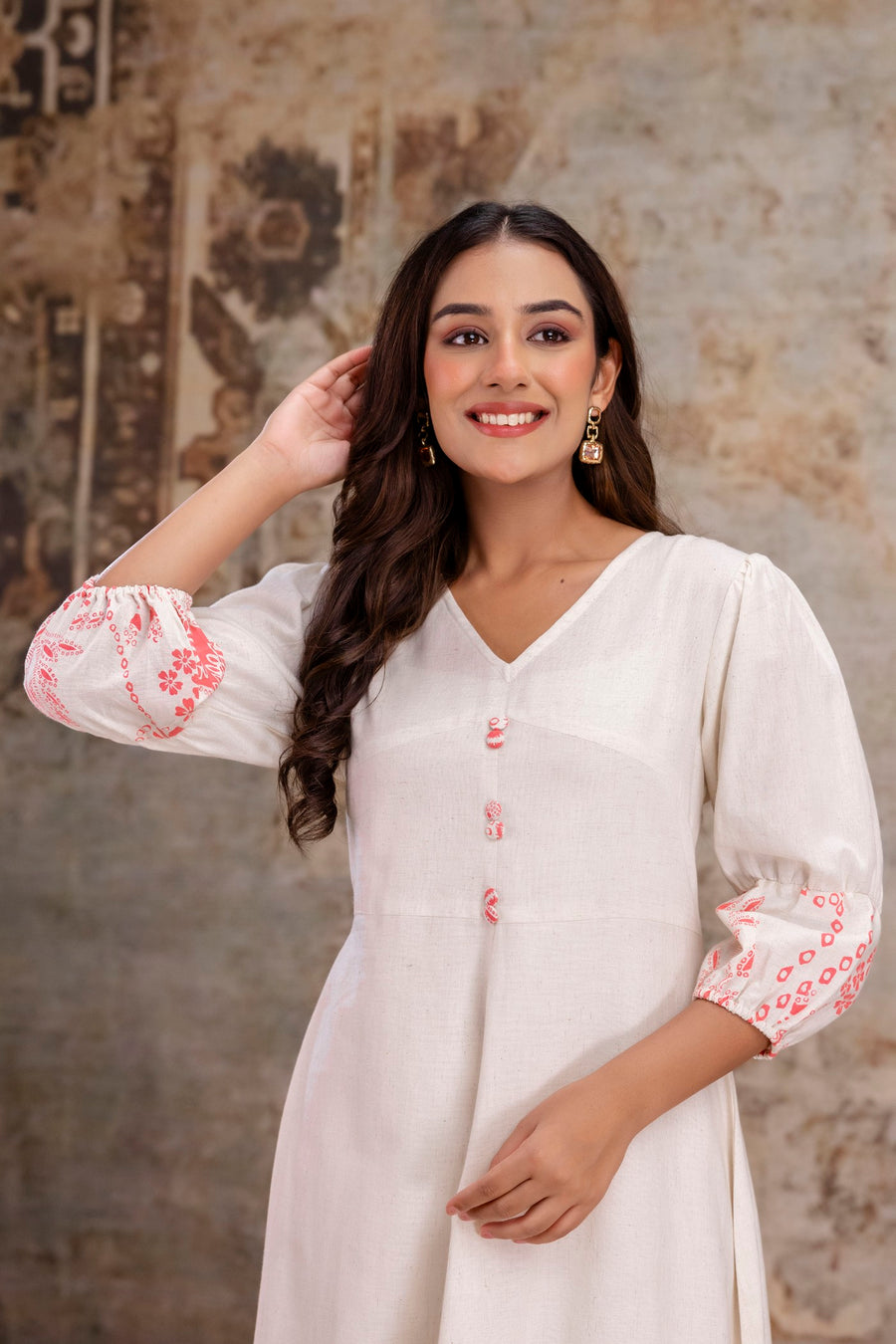 Comfortable off-white printed cotton dress