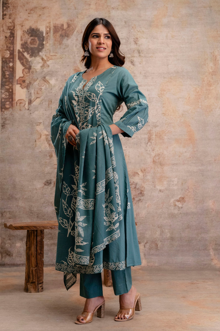 Aaronee Pure Cotton BLue Printed Dupatta Set – Elegant Handblock Style Ethnic Suit for Women