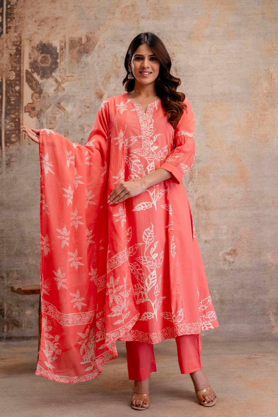Aaronee Pure Cotton Pink Printed Dupatta Set – Elegant Handblock Style Ethnic Suit for Women