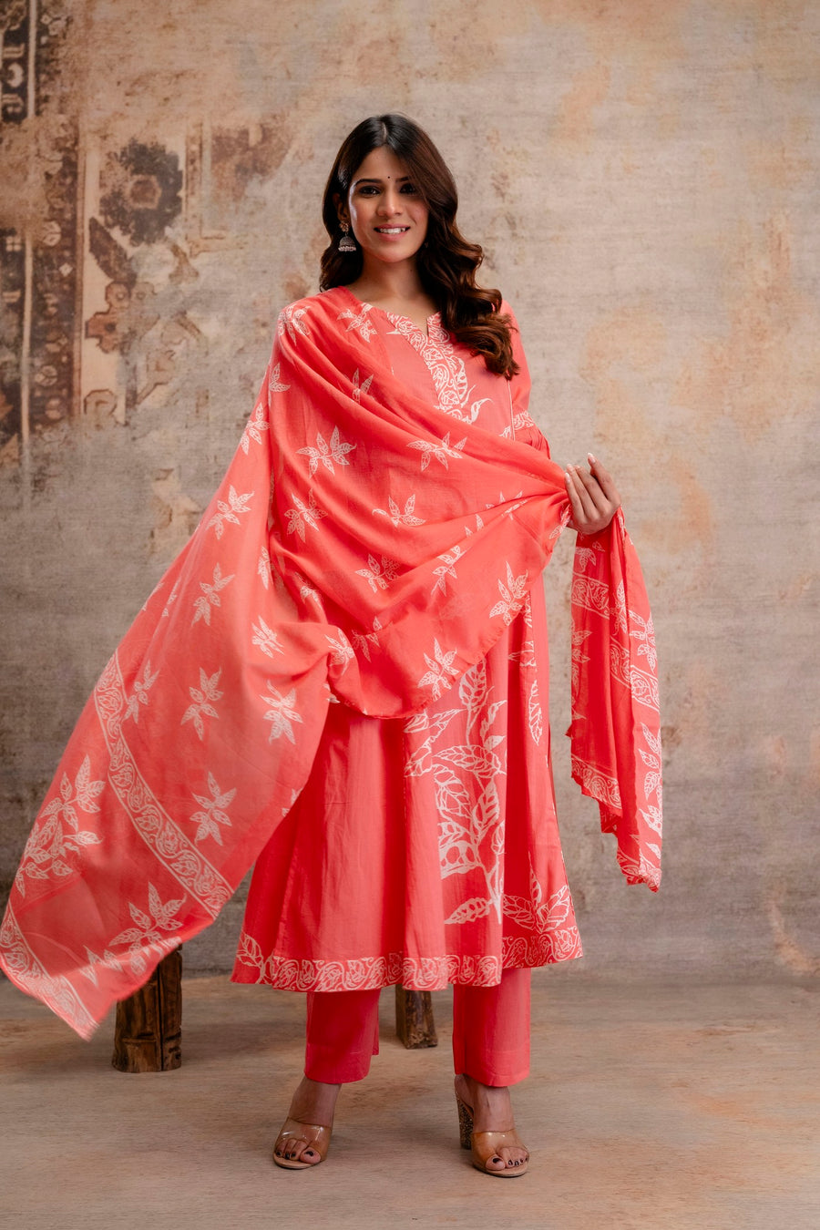 Aaronee Pure Cotton Pink Printed Dupatta Set – Elegant Handblock Style Ethnic Suit for Women