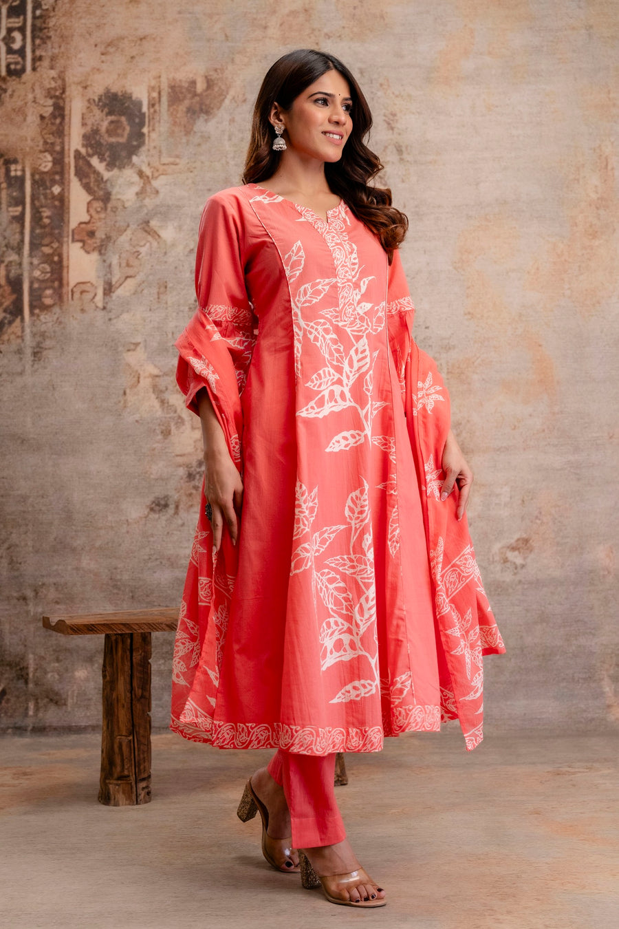 Aaronee Pure Cotton Pink Printed Dupatta Set – Elegant Handblock Style Ethnic Suit for Women