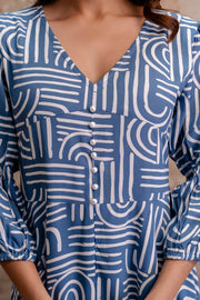 Aaronee Rayon Blue Abstract Print Middy Dress – Elegant Flared Silhouette
