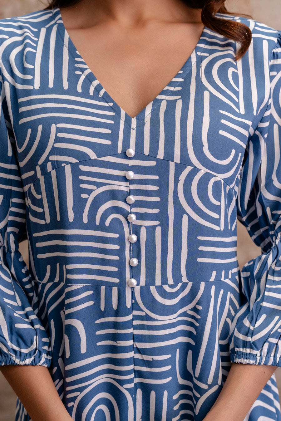 Aaronee Rayon Blue Abstract Print Middy Dress – Elegant Flared Silhouette