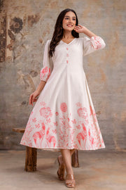 Designer cotton dress with peach floral motifs