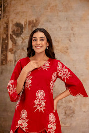 Designer embroidered tulip pant set in red