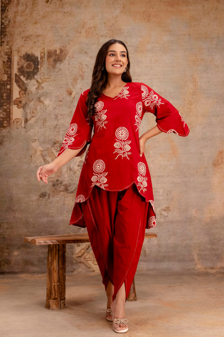 Designer red kurti co-ord set for women
