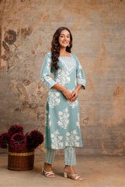 Elegant sea green kurta with white floral block print