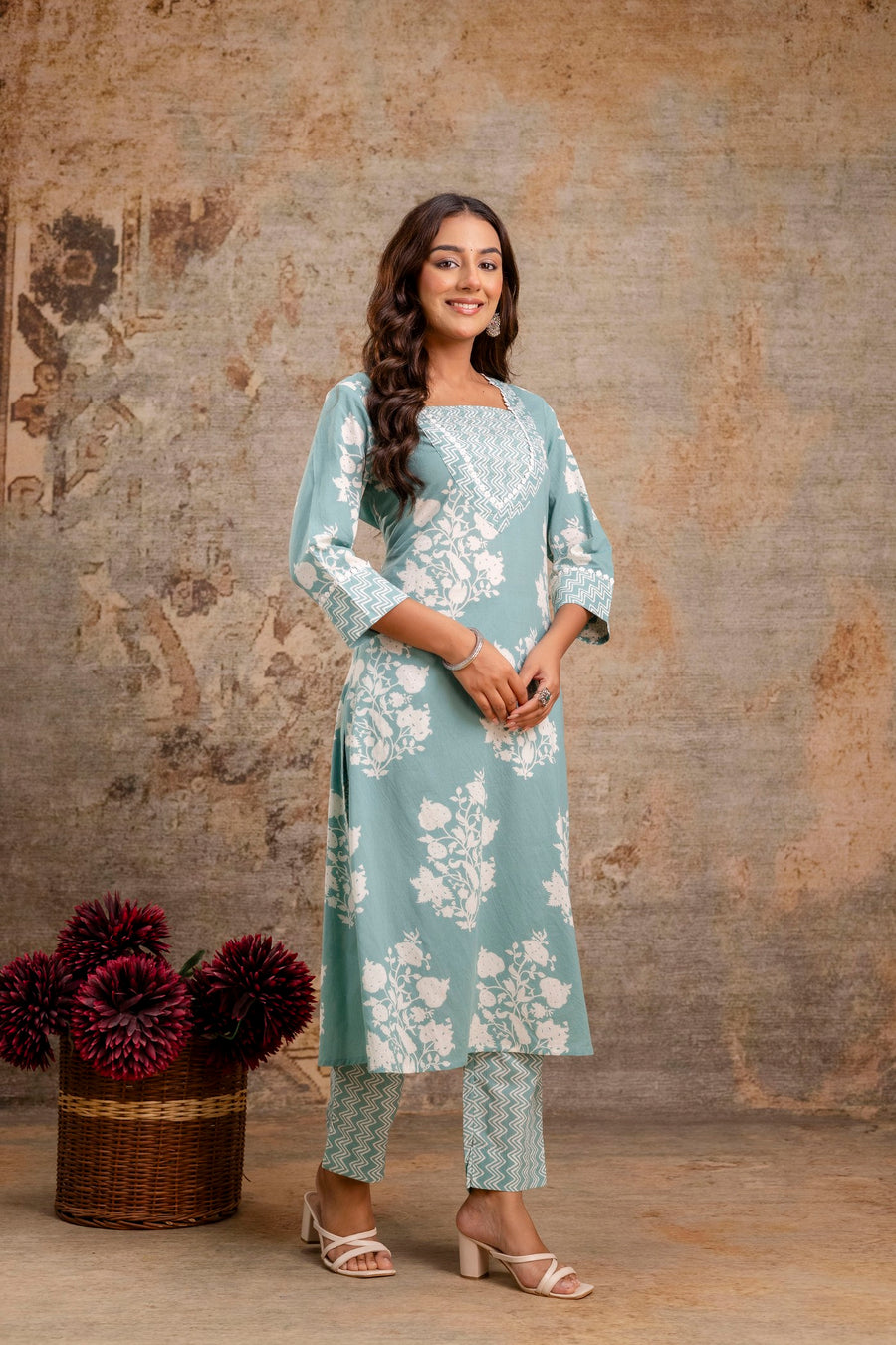 Elegant sea green kurta with white floral block print