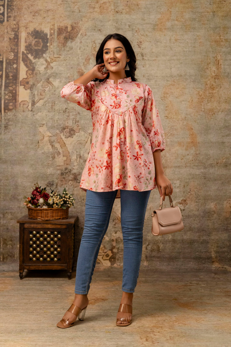 Aaronee peach floral short kurti for women