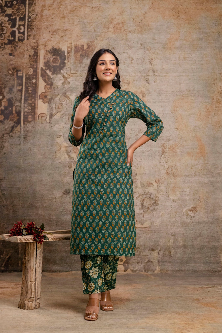 Green Floral Print Pure Cotton Kurta Set for Women – Aaronee Ethnic Wear
