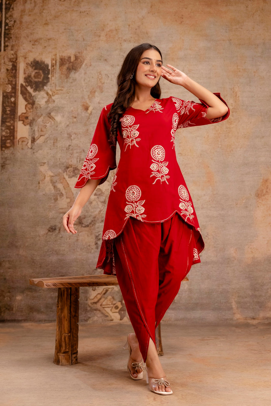 Festive red tulip pant co-ord set for women