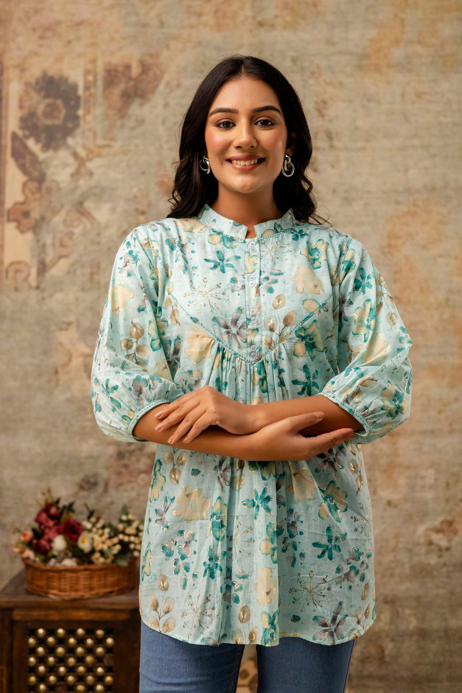 Ethnic casual cotton top with floral print