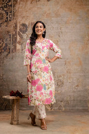 Front view of cream floral A-line kurta
