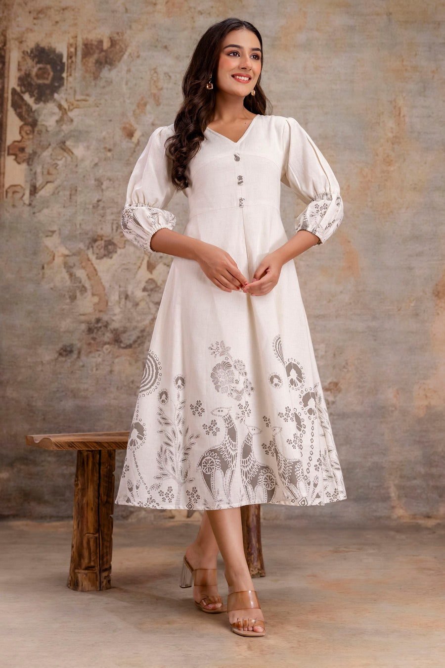 Grey ethnic wear dress with peach print