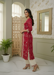 Jaipuri Print Red Ethnic Wear Set for Ladies