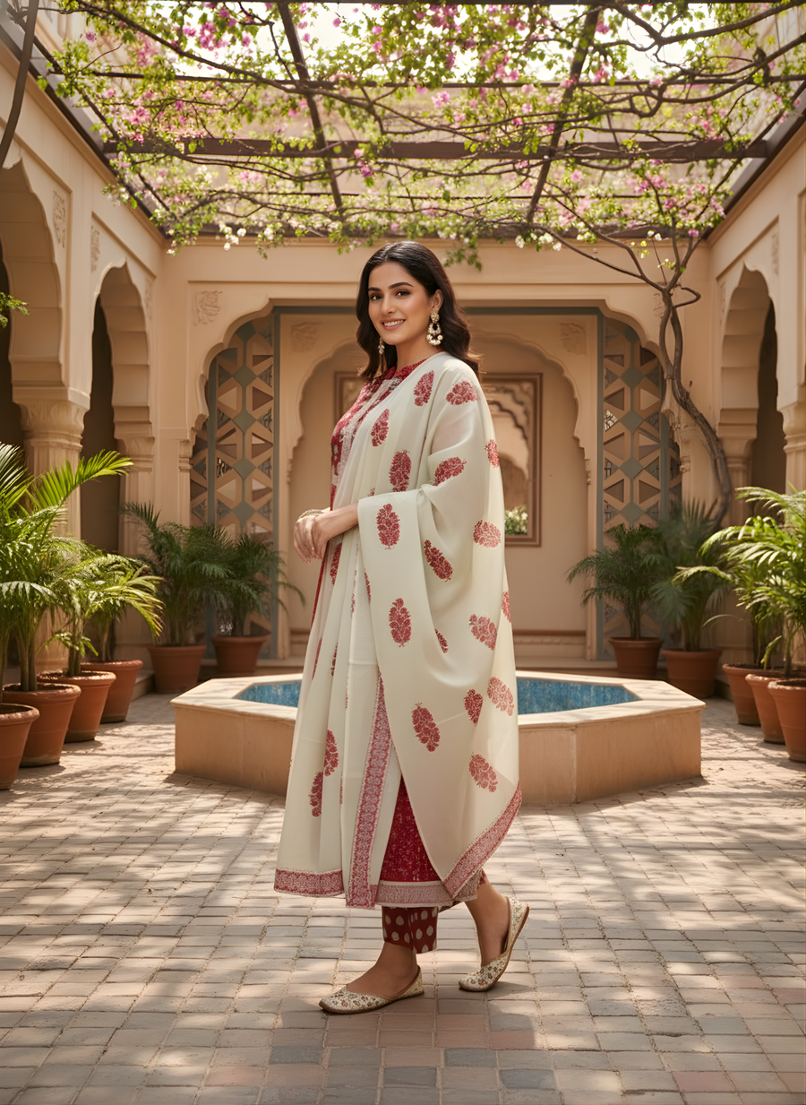 Red and ivory cotton suit set by Aaronee