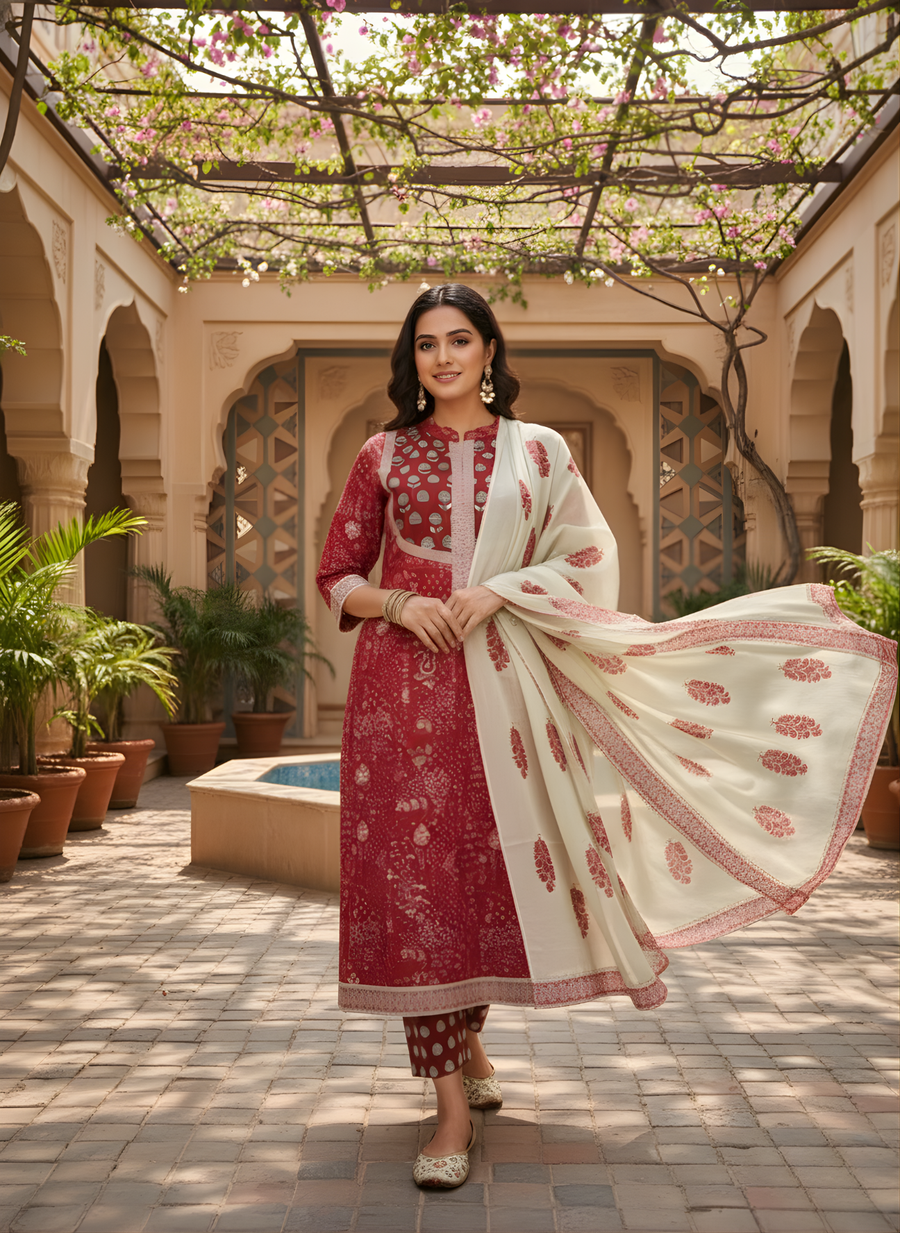 Women’s traditional cotton kurta with printed dupatta