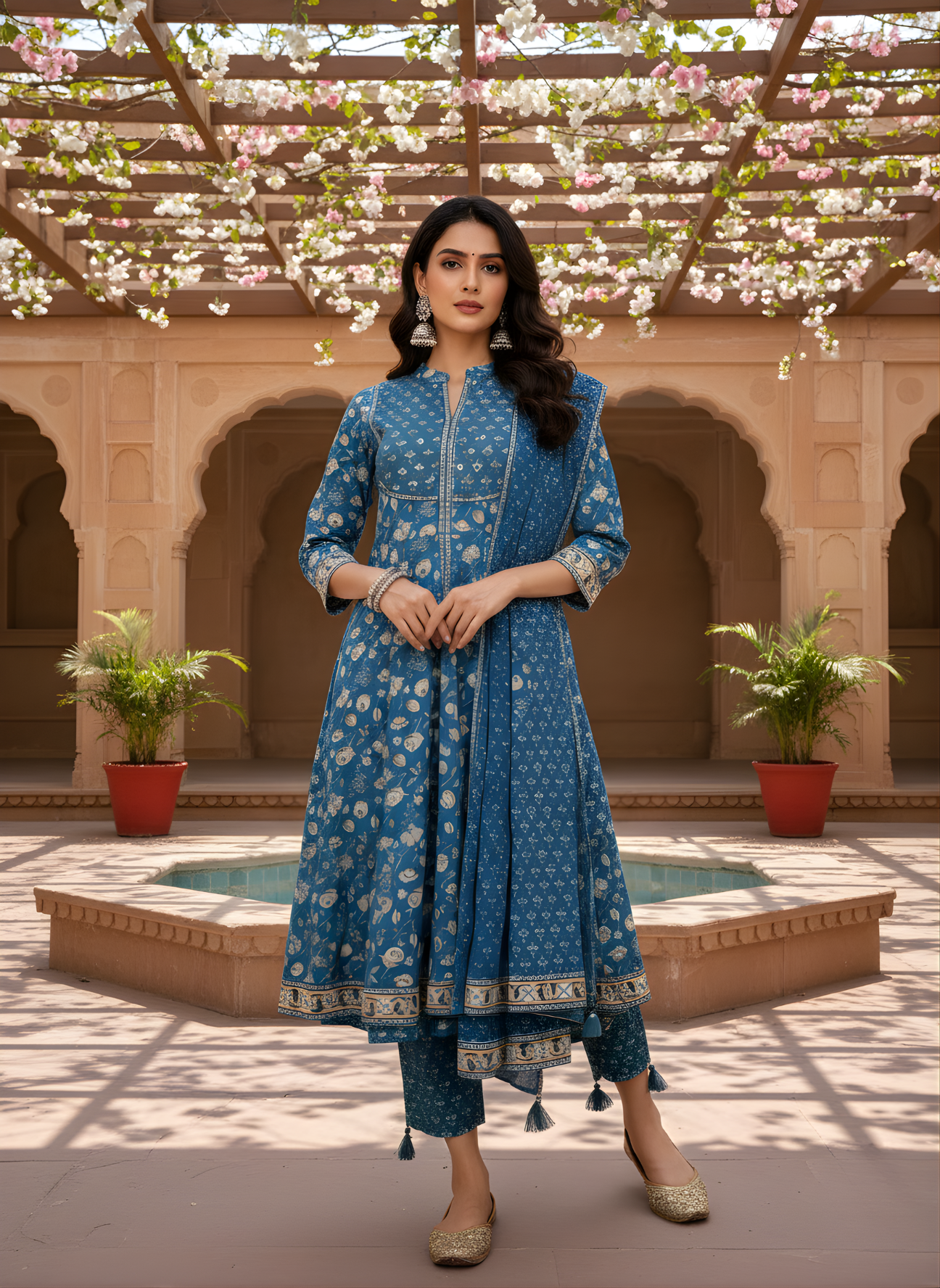 Aaronee blue handblock printed cotton kurta dupatta set