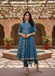 Aaronee blue handblock printed cotton kurta dupatta set
