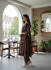 Designer Printed Kurta with Dupatta in Brown