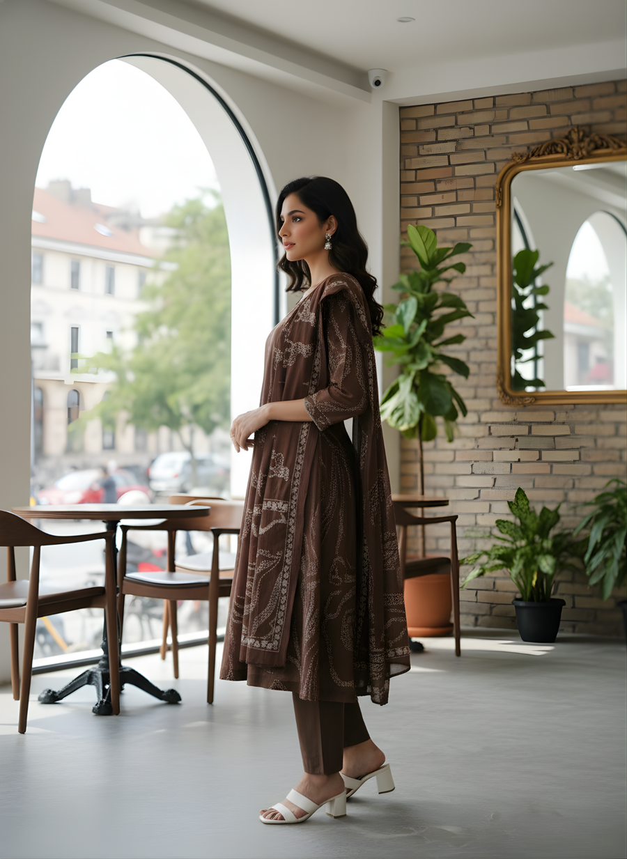 Designer Printed Kurta with Dupatta in Brown