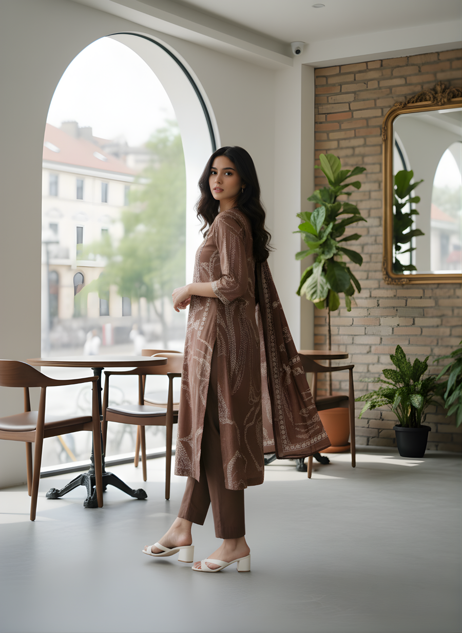 Comfortable Brown Kurta Set with Dupatta