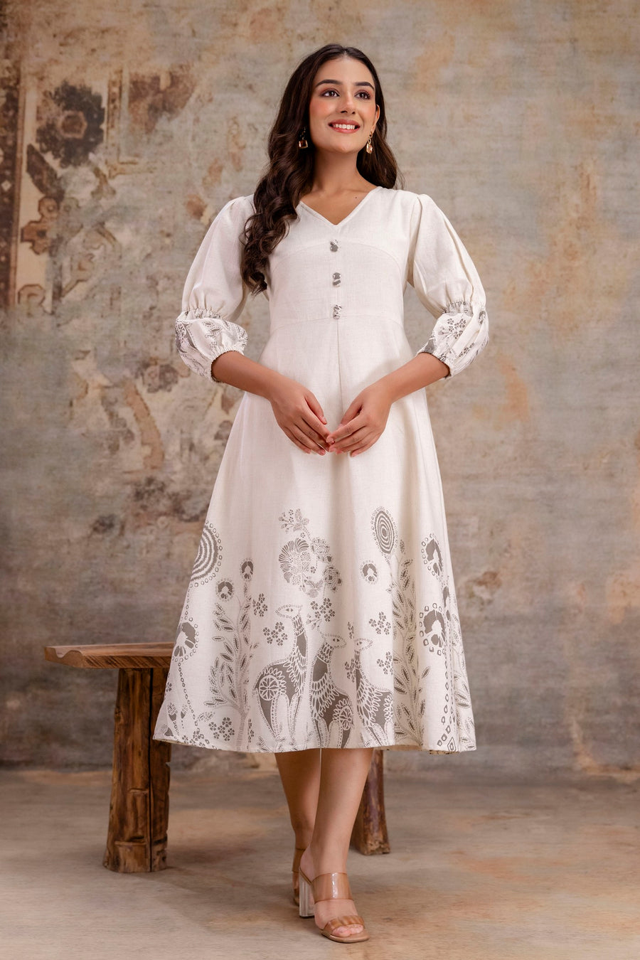 Hand-block style grey printed kurti dress