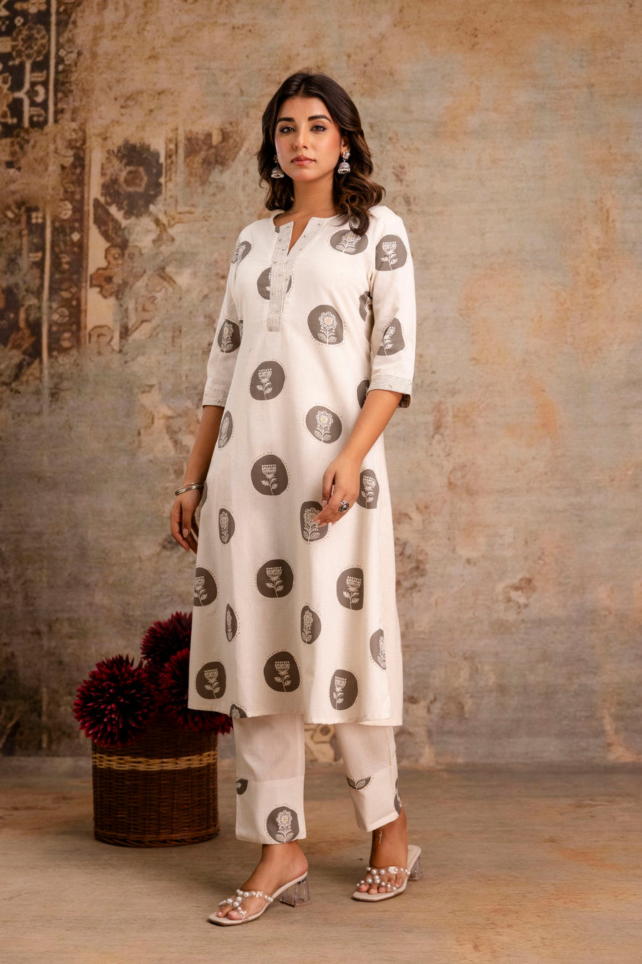 A-line cotton flex kurta with printed pants