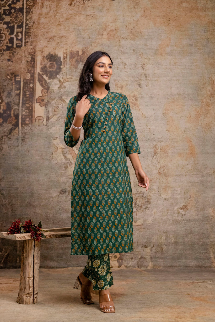 Green Floral Print Pure Cotton Kurta Set for Women – Aaronee Ethnic Wear