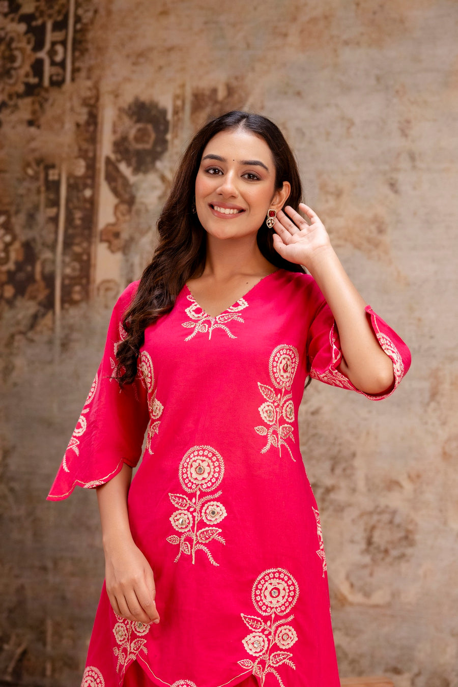 Pink festive co-ord set with floral embroidery