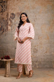 Pink kurti set with soft diagonal stripes