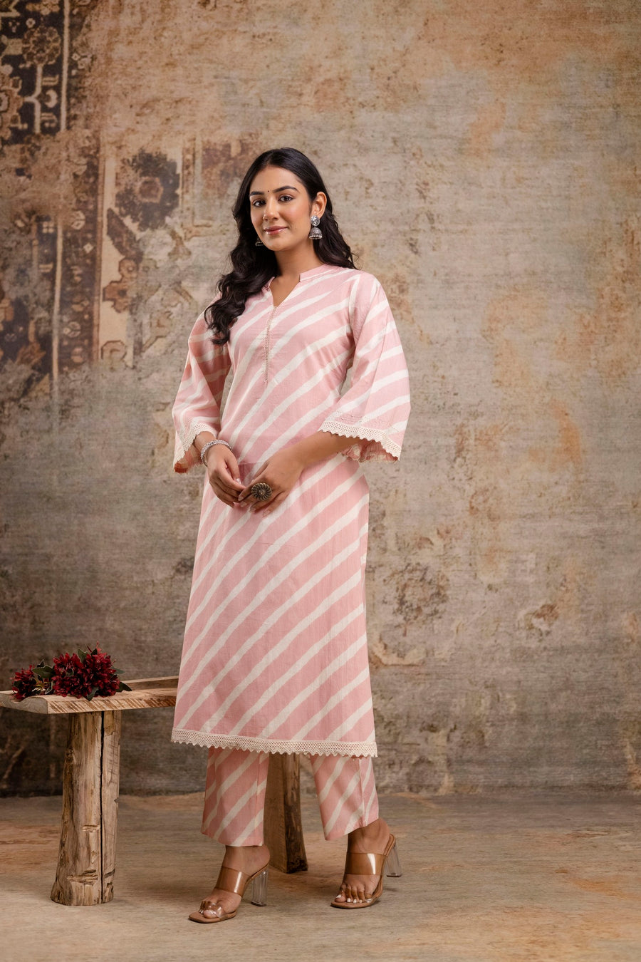 Pink kurti set with soft diagonal stripes