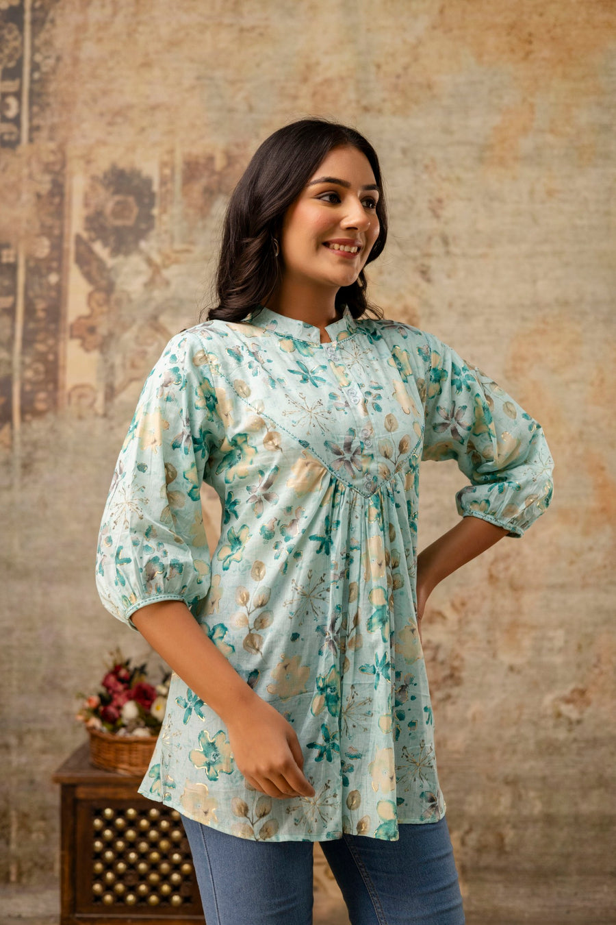 3/4 sleeve cotton top for casual ethnic look